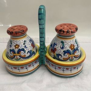 Cottura Hand Painted Italian Ceramic Salt Pepper with Caddy made in Italy